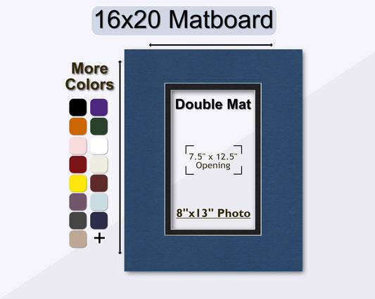 A 16x20 double matboard with a pre-cut opening for an 8x13 photo, displayed with an example of available color options.