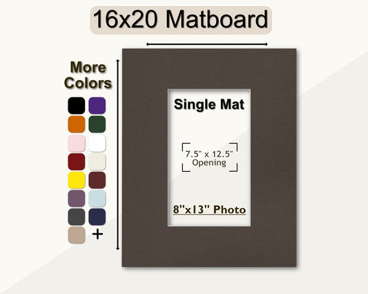 A 16x20 matboard with a pre-cut opening for an 8x13 photo, displayed alongside a color palette for customization options.