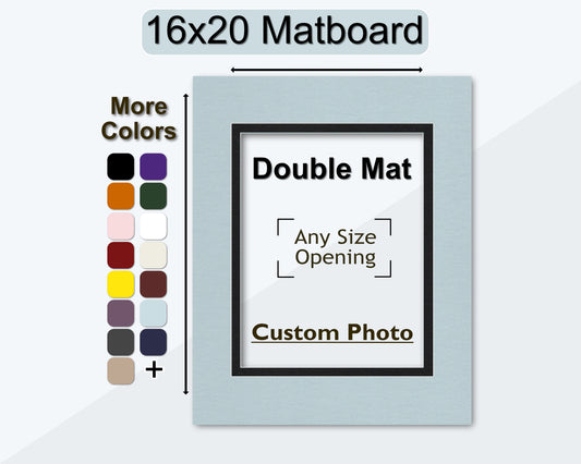A 16x20 double matboard with a custom photo opening, displaying various color options available for the matting.