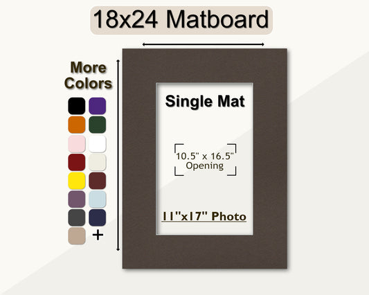An 18x24 matboard designed for an 11x17 photo with a single mat opening with a selection of other available colors displayed in smaller size below.