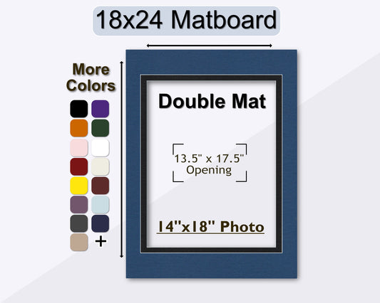 An 18x24 matboard with a double mat opening for a 14x18 photo, displayed with a selection of available mat colors.