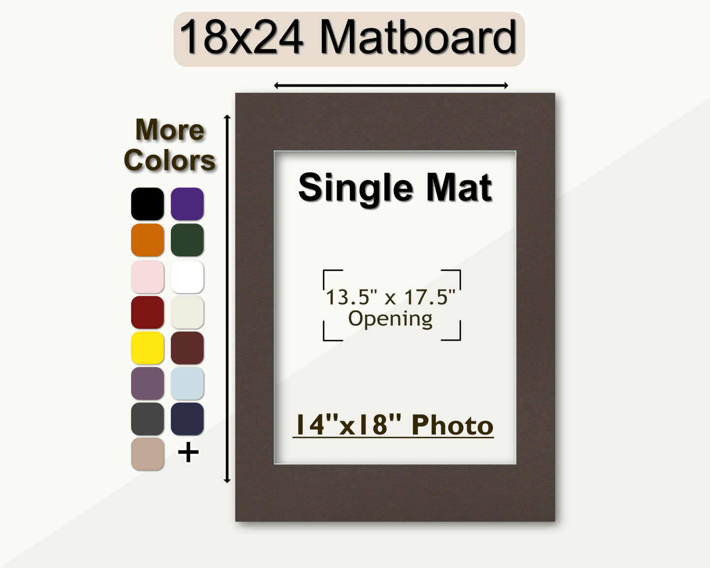 An 18x24 matboard with a single mat opening for a 14x18 photo, displayed alongside a color selection chart.