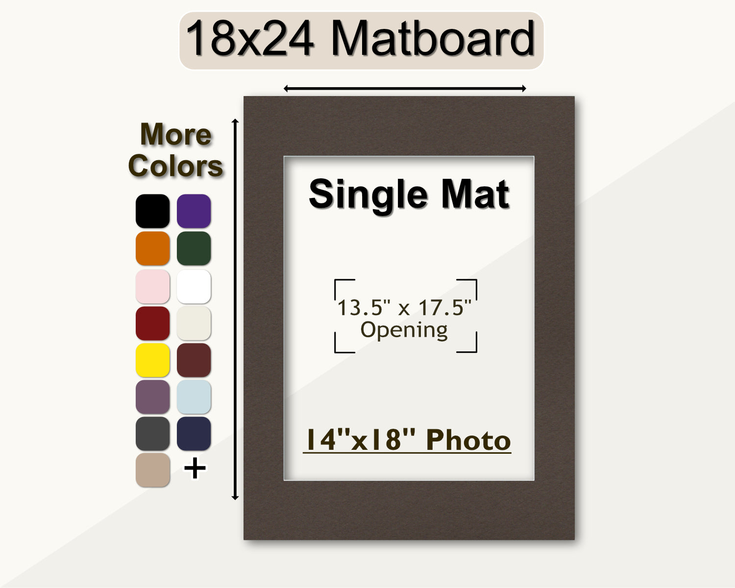 An 18x24 matboard with a single mat opening for a 14x18 photo, displayed alongside a color selection chart.