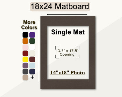 An 18x24 matboard with a single mat opening for a 14x18 photo, displayed alongside a color selection chart.