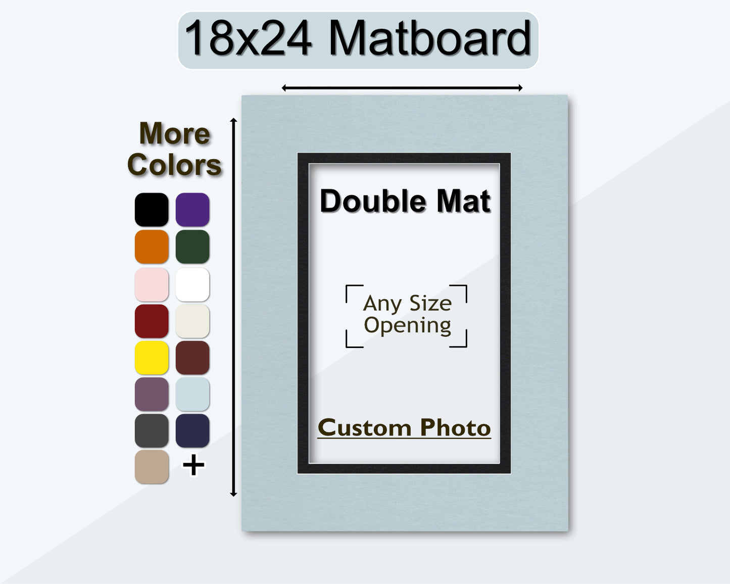 An 18x24 matboard with a double mat design, featuring a custom photo opening. A color palette with various color options is shown to the left.