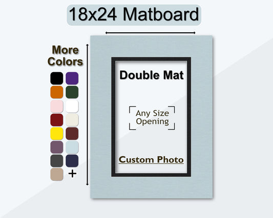 An 18x24 matboard with a double mat design, featuring a custom photo opening. A color palette with various color options is shown to the left.