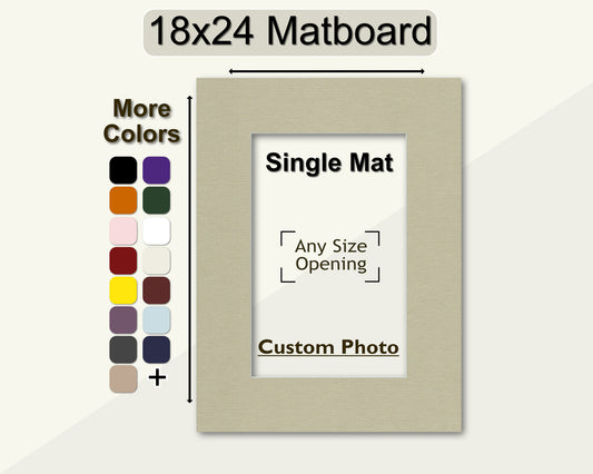An 18x24 matboard with a single mat opening for a custom photo, displayed alongside a color palette for customization options.