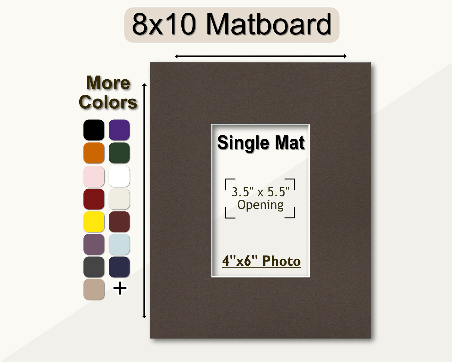 An 8x10 matboard with a pre-cut opening for a 4x6 photo, displayed alongside a color palette indicating more color choices.