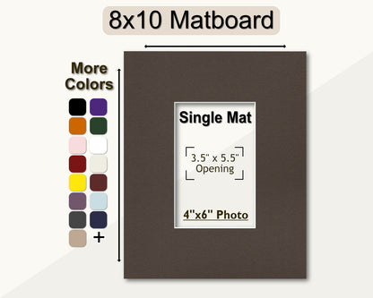 An 8x10 matboard with a pre-cut opening for a 4x6 photo, displayed alongside a color palette indicating more color choices.
