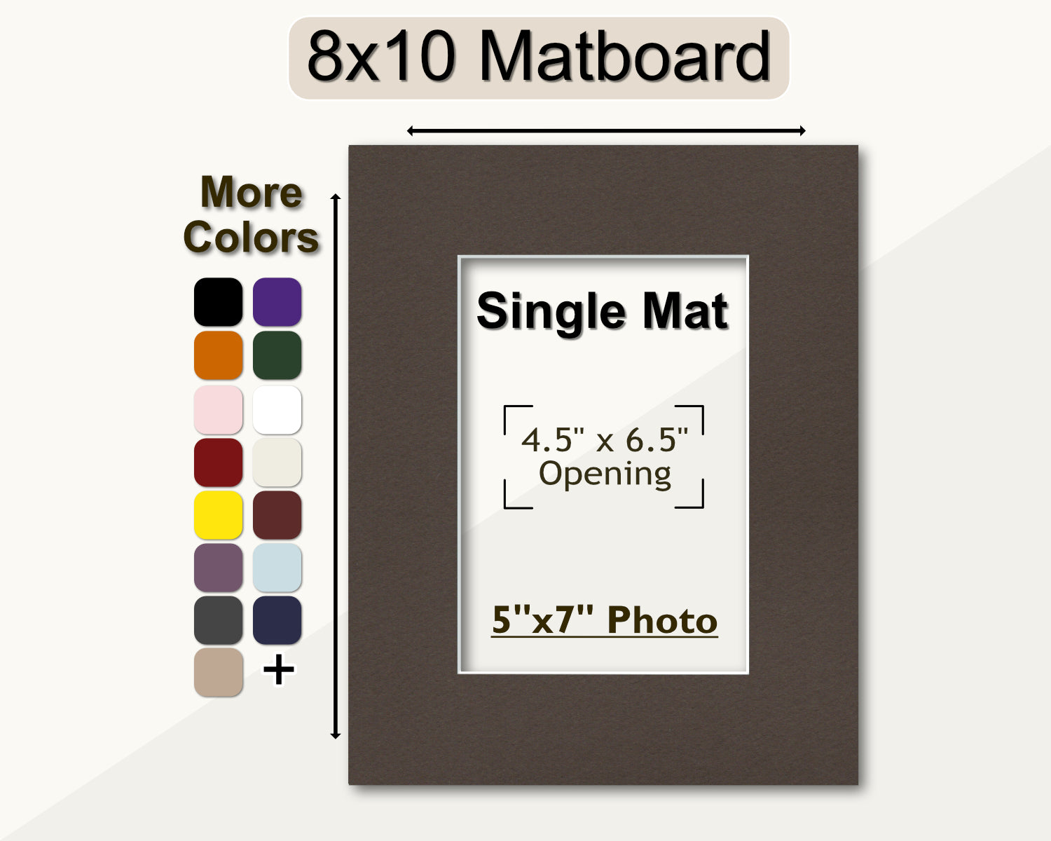 An 8x10 matboard with a pre-cut opening for a 5x7 photo. The matboard is shown with a variety of color options on the side.