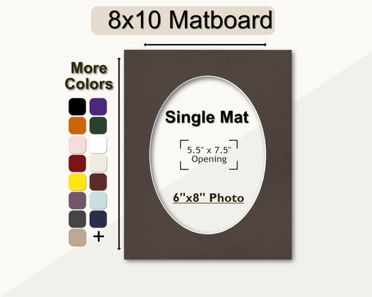 8x10 matboard with a pre-cut oval opening for a 6x8 photo. Multiple colors available.
