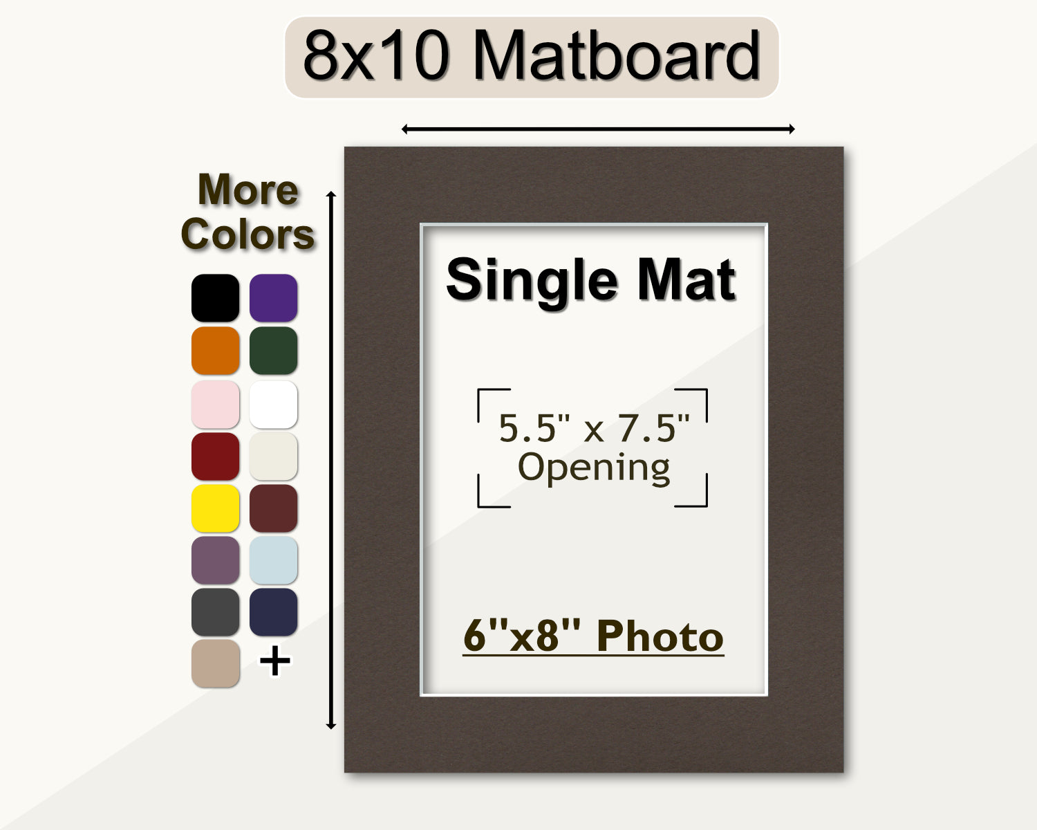 An 8x10 matboard with a pre-cut opening for a 6x8 photo, displayed alongside a color palette for customization options.