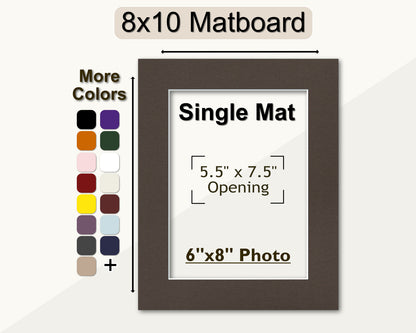 An 8x10 matboard with a pre-cut opening for a 6x8 photo, displayed alongside a color palette for customization options.