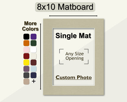 An 8x10 matboard with a custom opening for any size photo, displayed alongside a color palette for customization options.