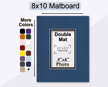 An 8x10 matboard with a double mat design, indicating an opening for a 4x6 photo. The image shows an array of color options for customization.