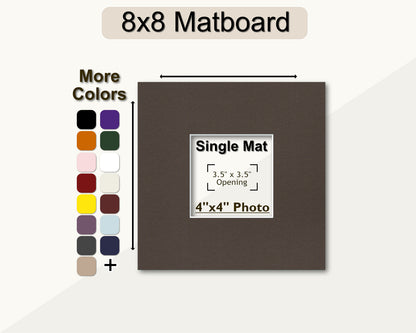 8x8 square framing mat with a pre-cut-opening to fit a 4x4 photo. multiple color options.