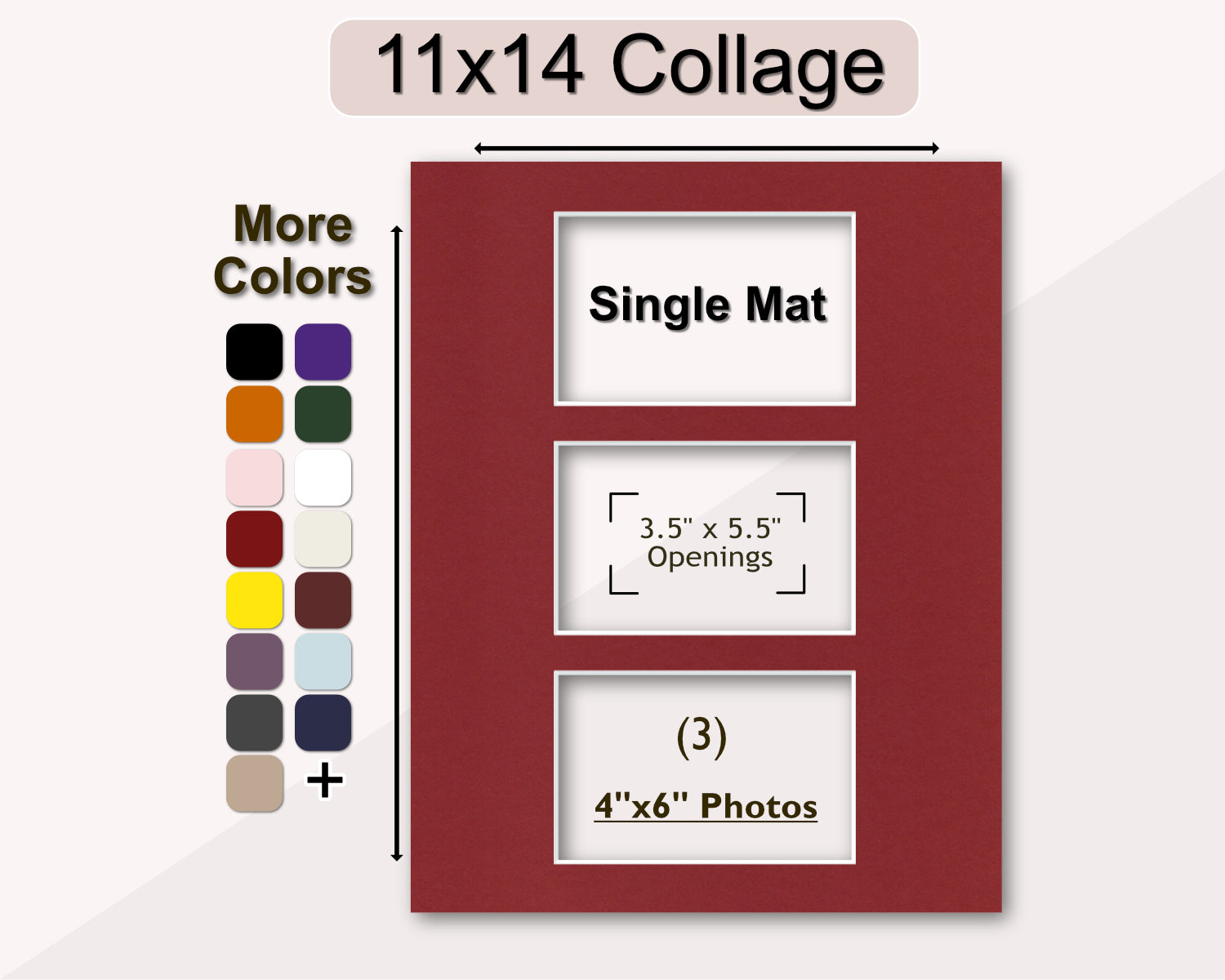 11x14 collage matboard for three 4x6 photos. Multiple colors available.