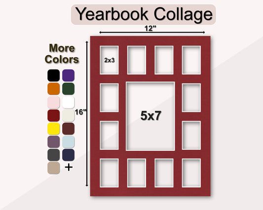 12x16 yearbook collage matboard for 2x3 school photos. Multiple colors available.
